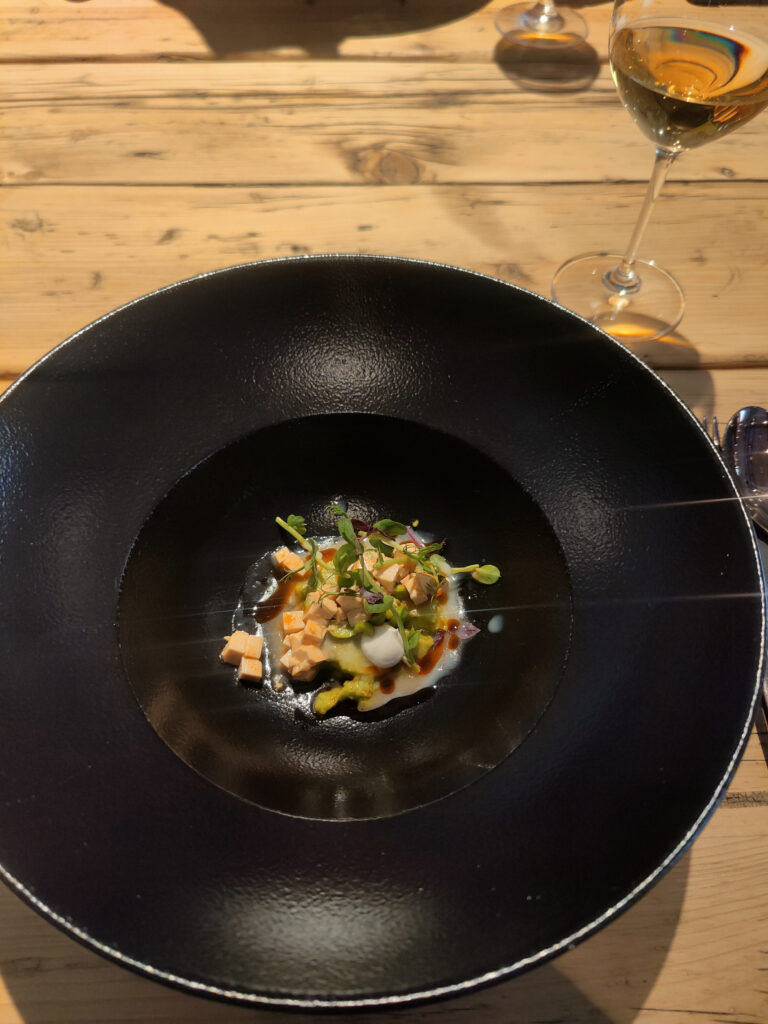 Gourmet dish in a black plate with wine