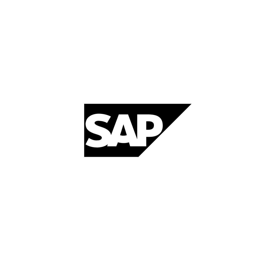 Weisses „SAP“-Logo in fettgedruckter, moderner Schrift auf schwarzem Hintergrund; minimalistisches Corporate-Design.