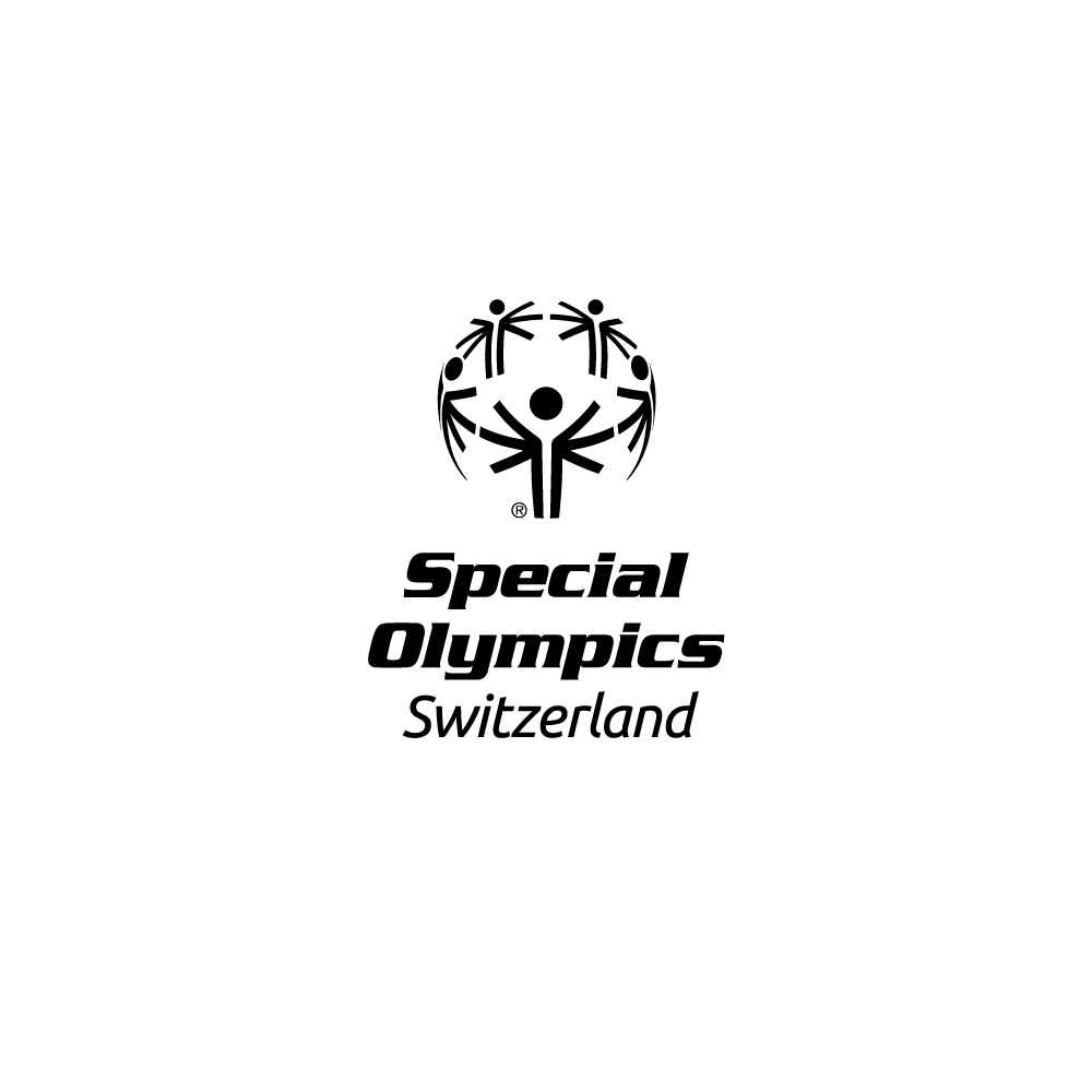 Weisses Special-Olympics-Logo auf schwarzem Hintergrund, bestehend aus dem Markenschriftzug und einer Kreisfigur mit stilisierten Menschen, die sich die Hände reichen.