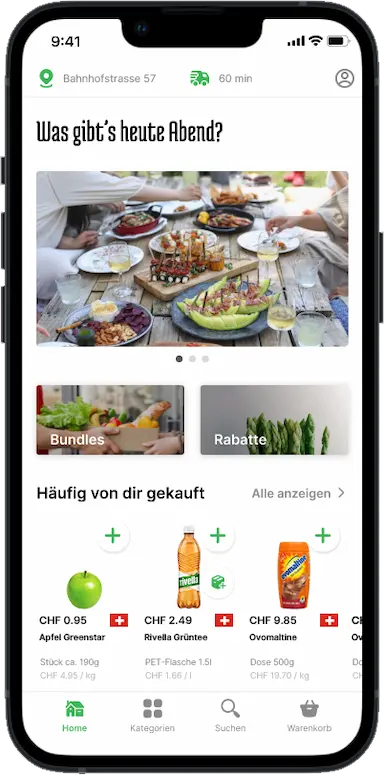 Smartphone-App zeigt Lebensmittelbestellung und -angebote