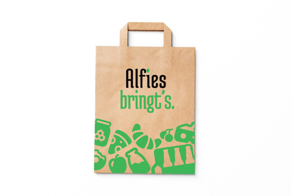 Papiertüte mit grünen Lebensmittelsymbolen und Text 'Alfies bringt's.'