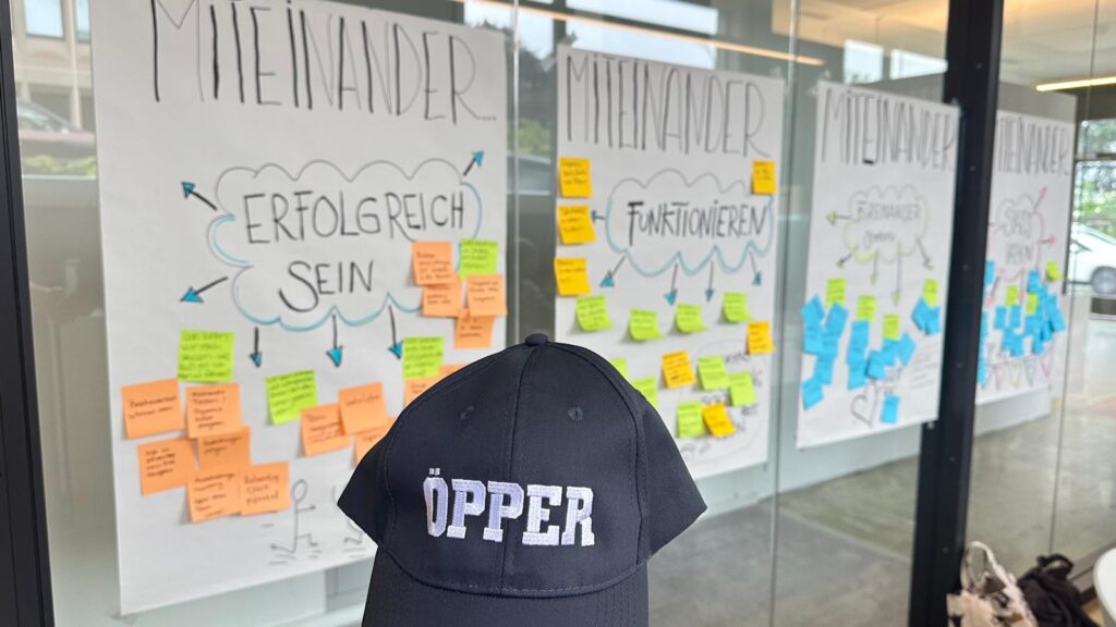 Plakate mit Zielen und Mütze mit Aufschrift.